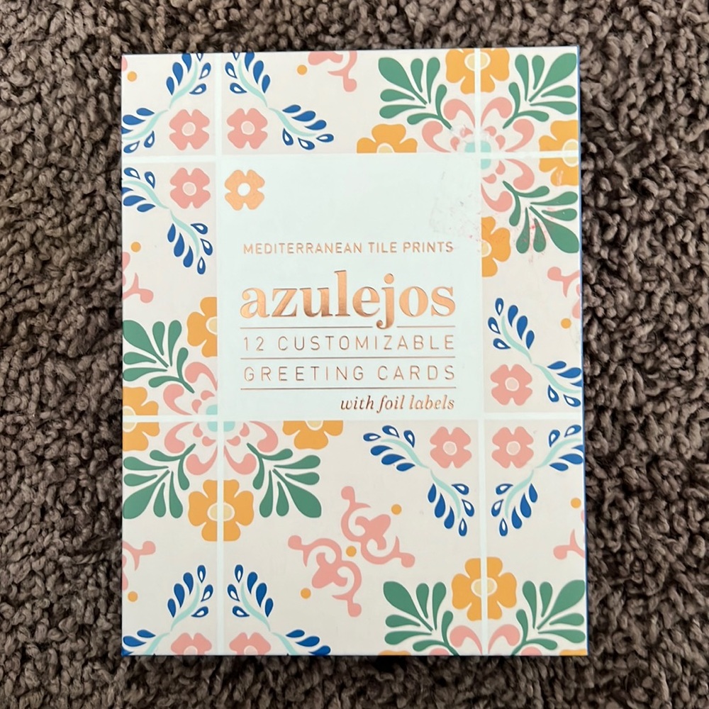 Azulejos Mediterranean Tile Prints 12 Customizable Greeting Cards w/ Foil Labels
